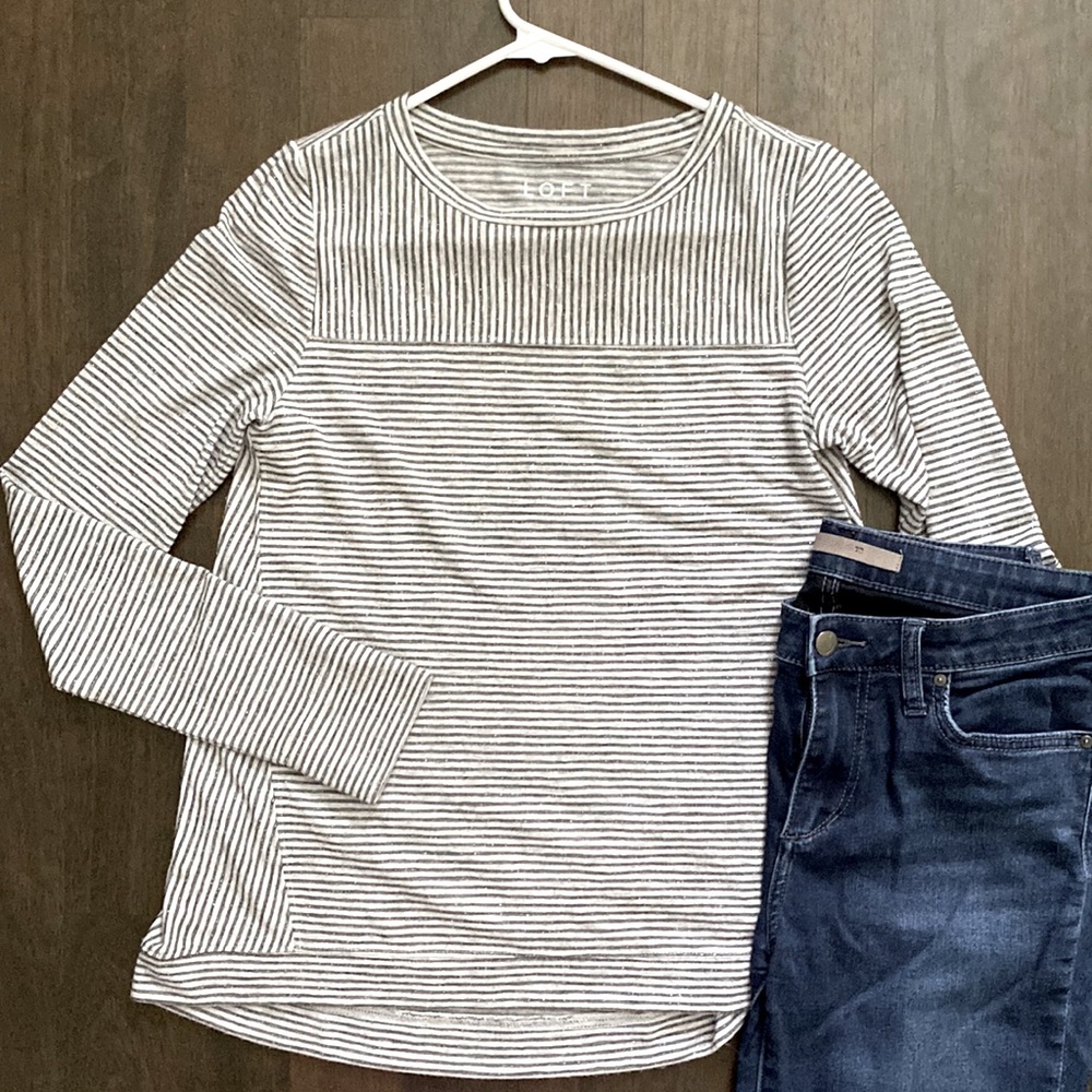 LOFT Soft Knit Silver Striped Top